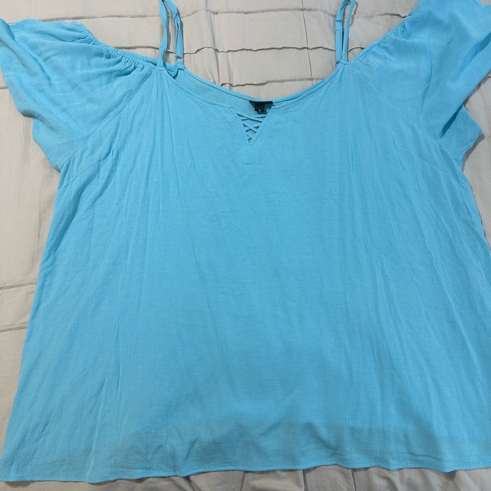 Torrid Blue Flutter Sleeve Blouse with Ruched Details